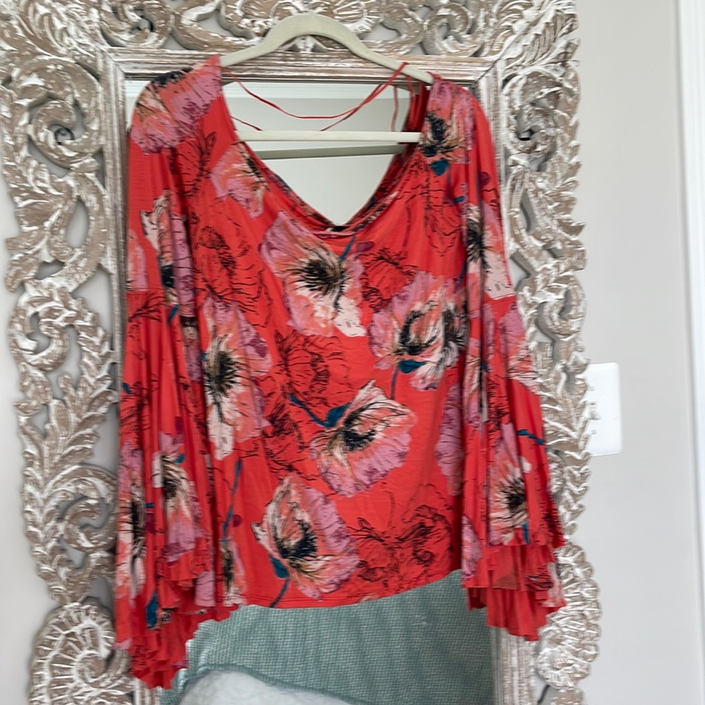 Free People Orange  Floral off the shoulder top